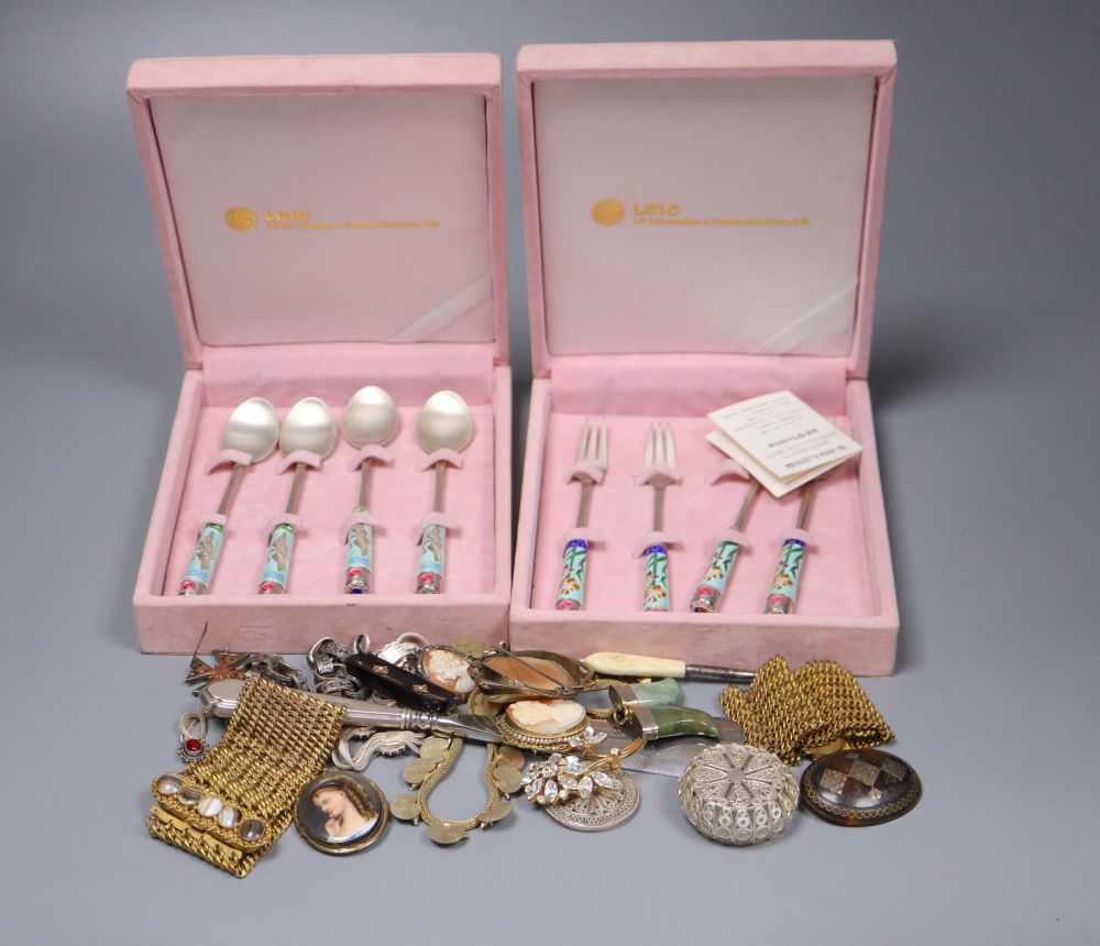 Mixed costume jewellery etc. including a pair of gilt metal and agate set bracelets.